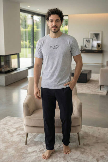 Urban Silver Black Baskılı Kısa Kollu Cotton Erkek Pijama Takımı - 7