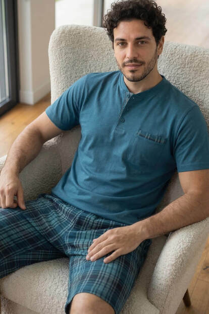 Urban Teal Şortlu Pat Detaylı Elegant Erkek Pijama Takımı 