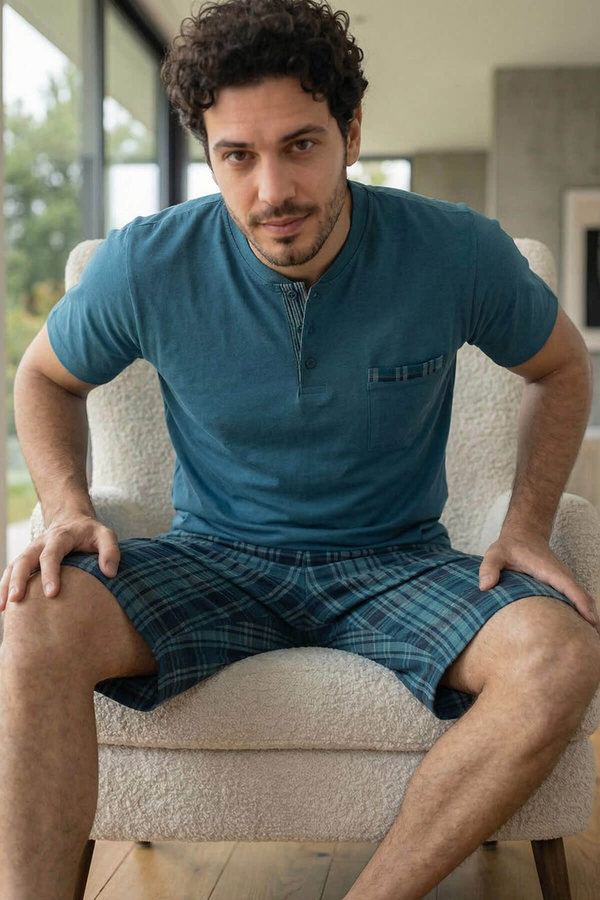 Urban Teal Şortlu Pat Detaylı Elegant Erkek Pijama Takımı - Pijamaevi (1)