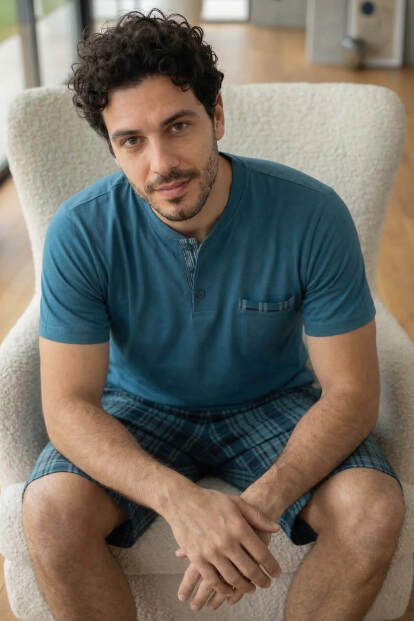 Urban Teal Şortlu Pat Detaylı Elegant Erkek Pijama Takımı - 4