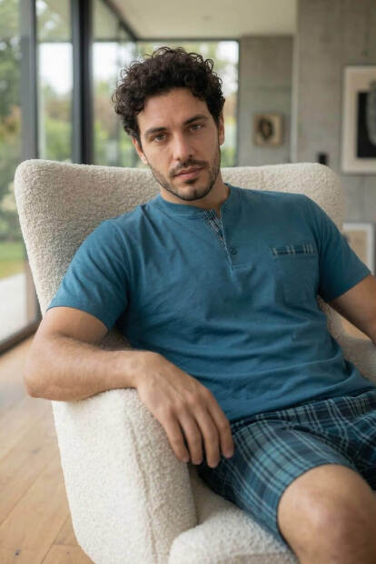 Urban Teal Şortlu Pat Detaylı Elegant Erkek Pijama Takımı - 5