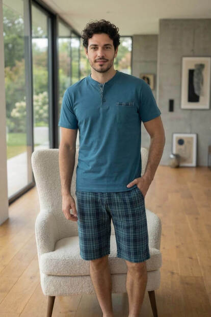 Urban Teal Şortlu Pat Detaylı Elegant Erkek Pijama Takımı - 7