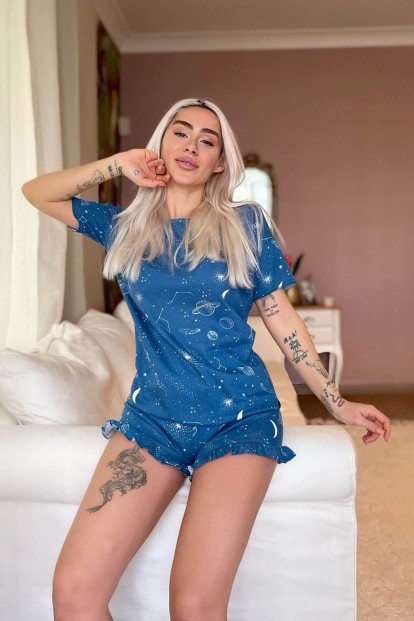 Uzay Baskılı Şortlu Kadın Pijama Takımı - 3