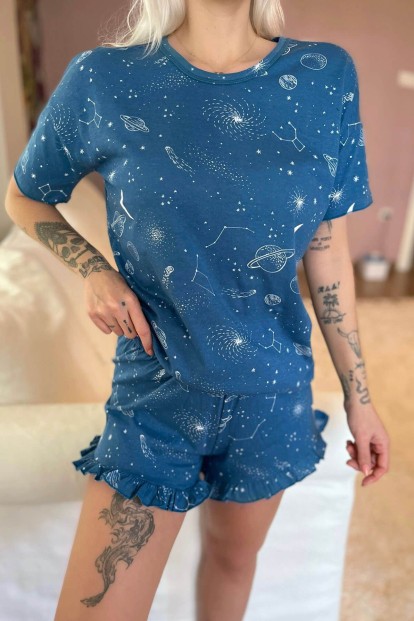 Uzay Baskılı Şortlu Kadın Pijama Takımı - 4