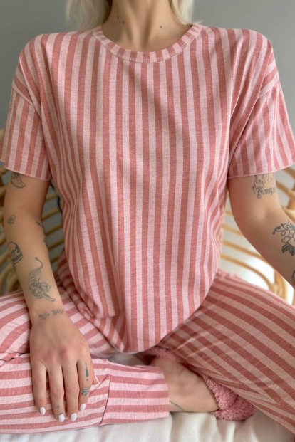Vague Baskılı Kısa Kollu Kadın Pijama Takımı - 4