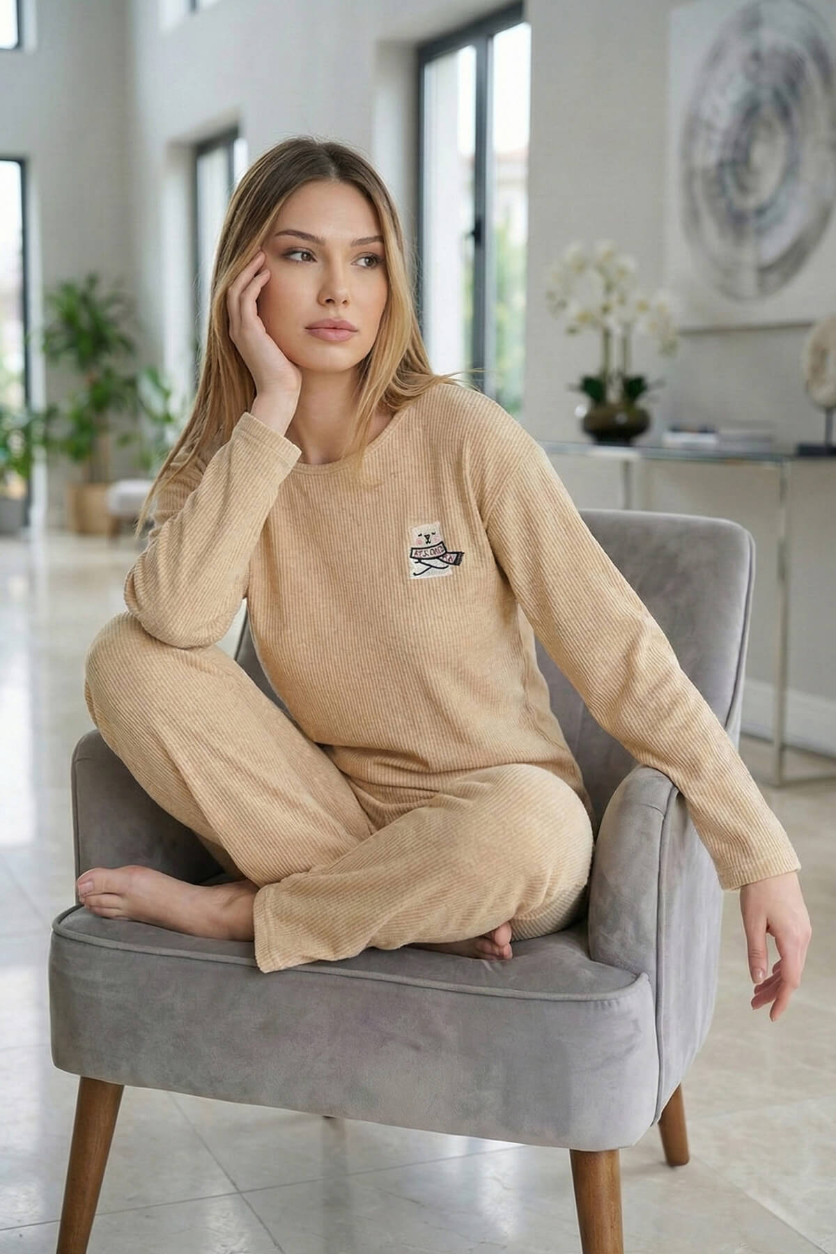 Vanilya Bear Desenli Uzun Kollu Seul Örme Kadın Pijama Takımı - Pijamaevi (1)