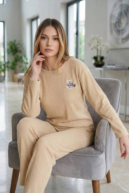 Vanilya Bear Desenli Uzun Kollu Seul Örme Kadın Pijama Takımı - 3