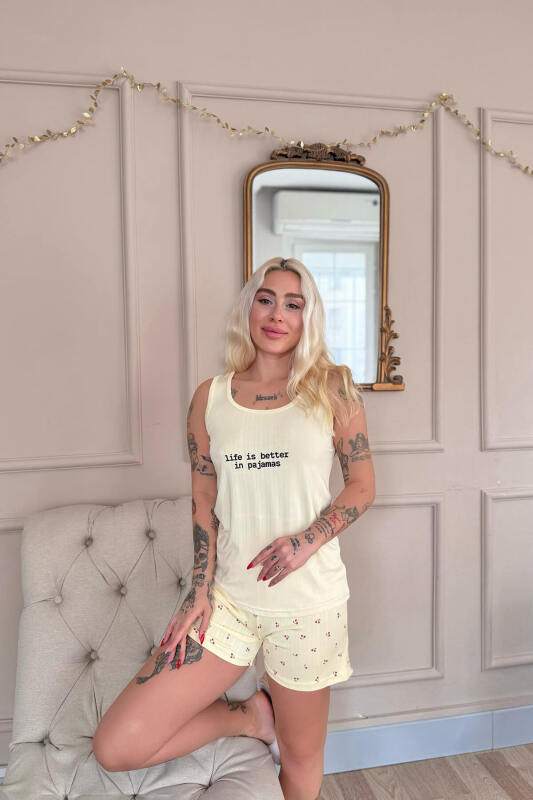 Vanilya Cherry Desenli Şortlu Marlenka Kadın Pijama Takımı - Pijamaevi (1)