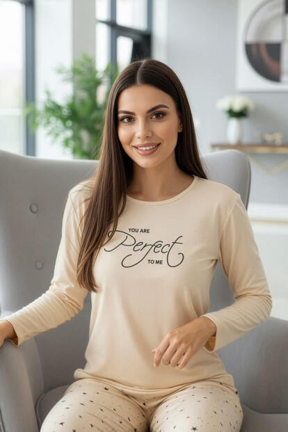 Vanilya Perfect Desenli Uzun Kollu Bambu Örme Kadın Pijama Takımı - 3