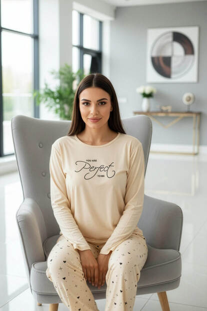 Vanilya Perfect Desenli Uzun Kollu Bambu Örme Kadın Pijama Takımı - 4
