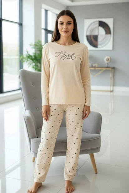 Vanilya Perfect Desenli Uzun Kollu Bambu Örme Kadın Pijama Takımı - 5