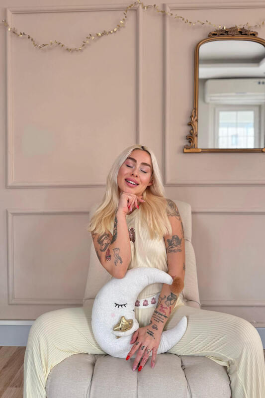 Vanilya Teddy Bear Desenli Örme Sıfır Kol Kadın Pijama Takımı - Pijamaevi (2)