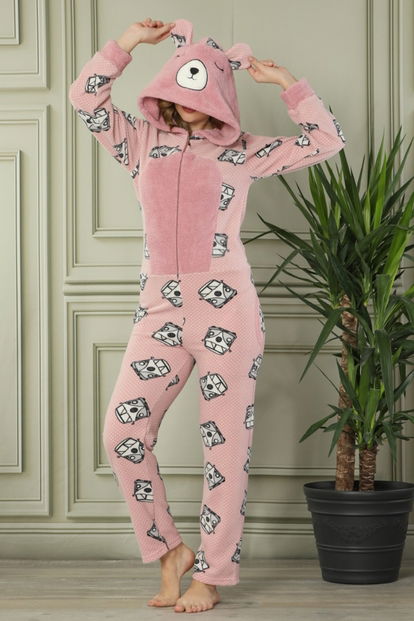 Vos Vos Desenli Kadın Polar Peluş Tulum Pijama Takımı - 1