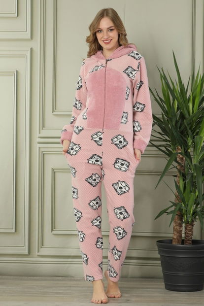 Vos Vos Desenli Kadın Polar Peluş Tulum Pijama Takımı - 2