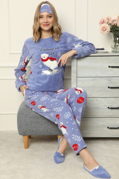 Walking Desenli Kadın Peluş Pijama Takımı - 1