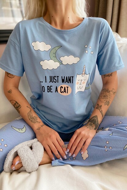 Want Cat Baskılı Kısa Kollu Kadın Pijama Takımı - 3