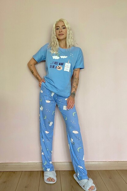 Want Cat Baskılı Kısa Kollu Kadın Pijama Takımı - 4