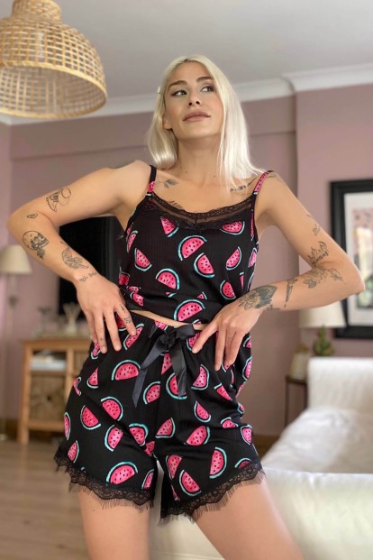 Watermelon Dantel Detaylı İp Askı Şortlu Örme Pijama Takımı - 2