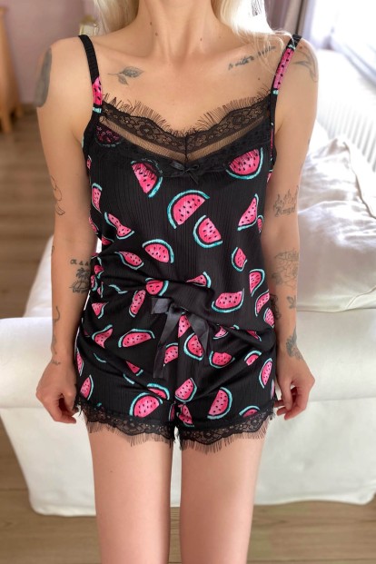 Watermelon Dantel Detaylı İp Askı Şortlu Örme Pijama Takımı - 5