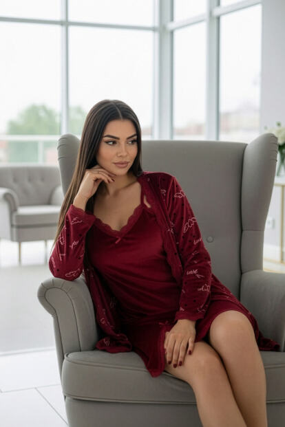 Wine Romance Exclusive Kadife Sabahlıklı Gecelik Kadın Pijama Takımı - 3