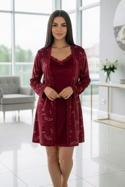 Wine Romance Exclusive Kadife Sabahlıklı Gecelik Kadın Pijama Takımı - 5