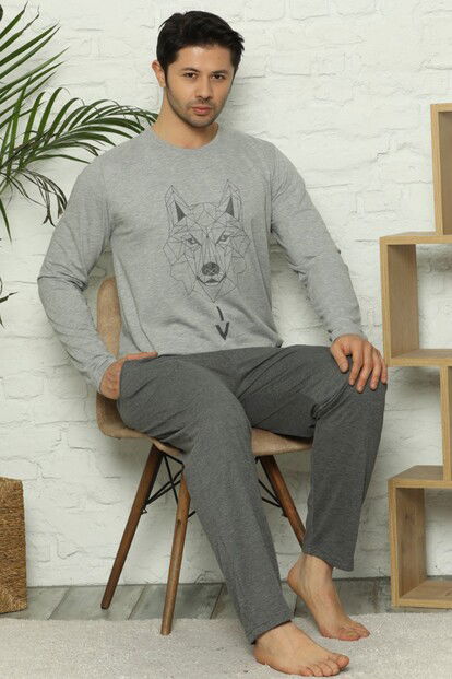 Wolf Baskılı Uzun Kollu Erkek Pijama Takımı - 2