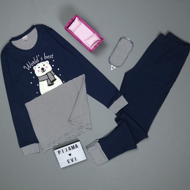 Worlds Best Desenli Uzun Kollu Manşetli Kadın Pijama Takımı - 2