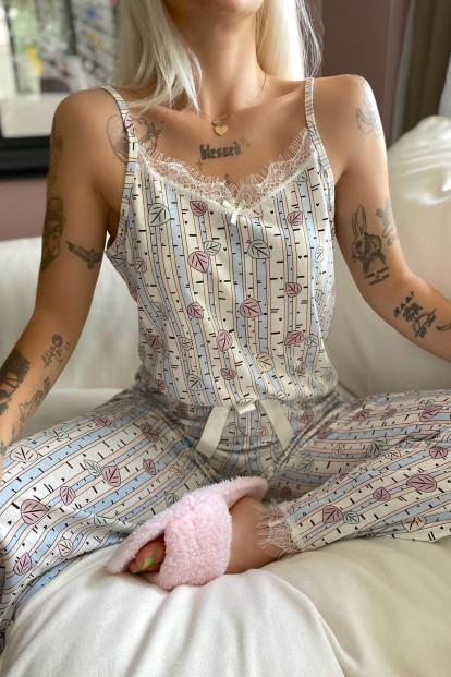 Yaprak Dantelli İp Askılı Örme Kadın Pijama Takımı - 3