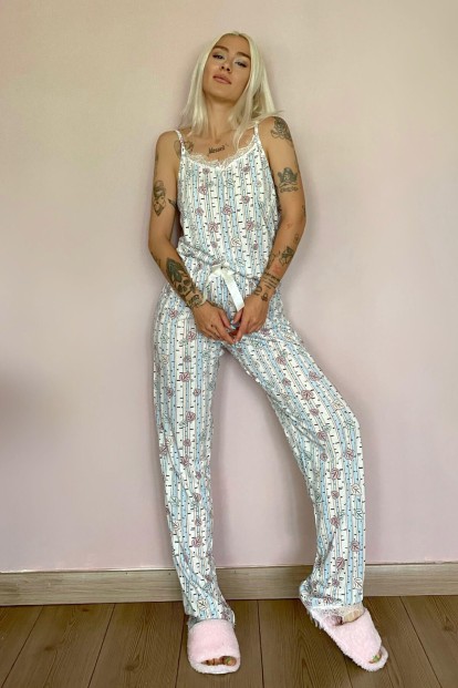 Yaprak Dantelli İp Askılı Örme Kadın Pijama Takımı - 4