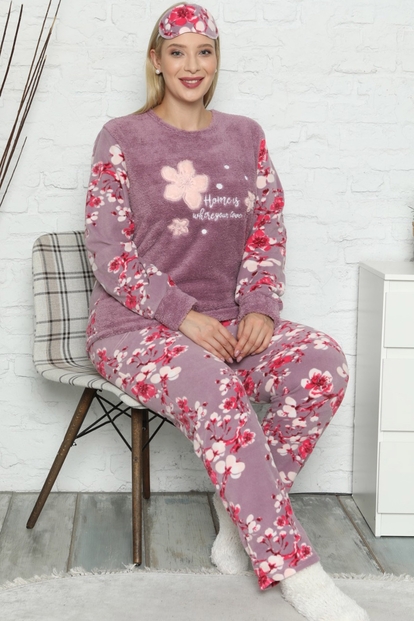 Yaprak Desenli Büyük Beden Battal Kadın Peluş Pijama Takımı - 1