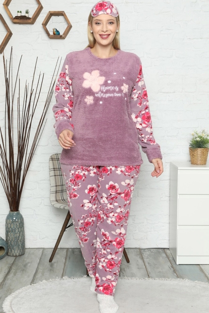 Yaprak Desenli Büyük Beden Battal Kadın Peluş Pijama Takımı - 2
