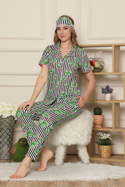 Yaprak Desenli Önden Düğmeli Kısa Kollu Pijama Takımı - 1