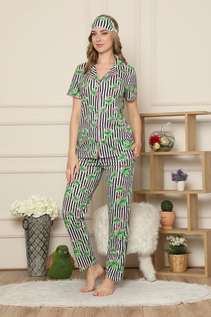 Yaprak Desenli Önden Düğmeli Kısa Kollu Pijama Takımı - 2