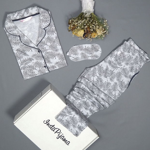 Yaprak Desenli Önden Düğmeli Pamuklu Pijama Takımı - 2