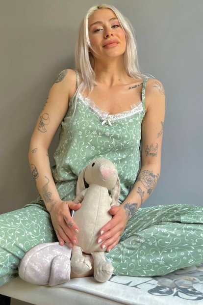 Yaprak Lale Dantelli İp Askılı Örme Kadın Pijama Takımı - 1