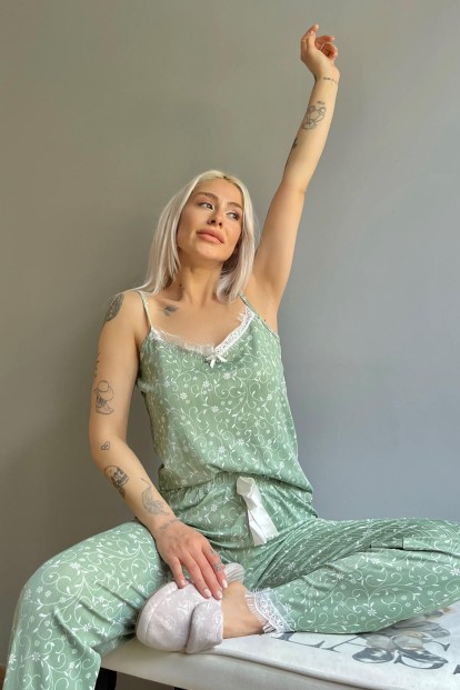 Yaprak Lale Dantelli İp Askılı Örme Kadın Pijama Takımı - 2