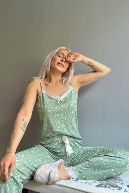 Yaprak Lale Dantelli İp Askılı Örme Kadın Pijama Takımı - 3