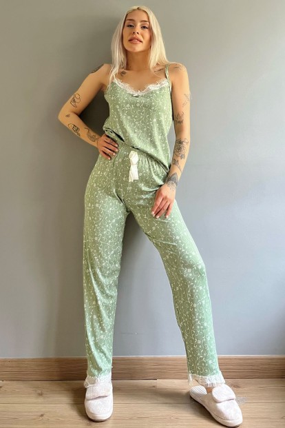 Yaprak Lale Dantelli İp Askılı Örme Kadın Pijama Takımı - 4