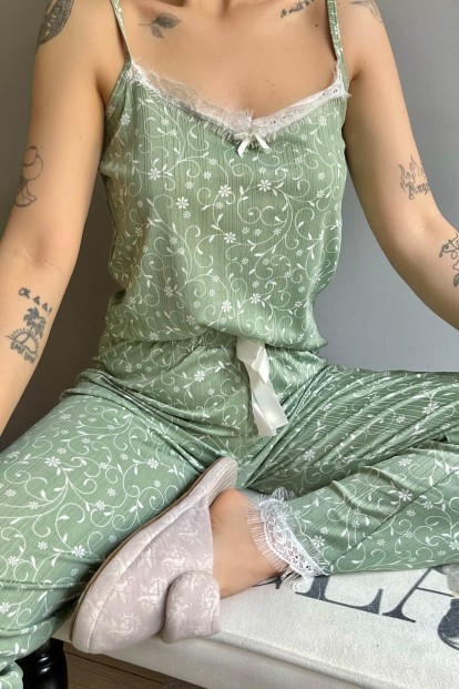 Yaprak Lale Dantelli İp Askılı Örme Kadın Pijama Takımı - 5