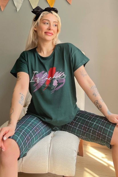 Yeşil Always Baskılı Kapri Bermuda Kadın Pijama Takımı - 1
