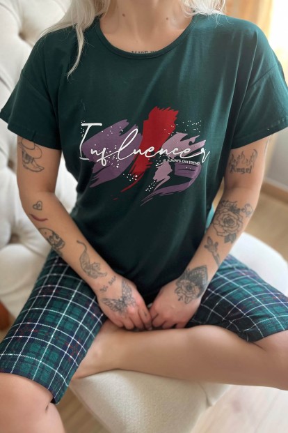 Yeşil Always Baskılı Kapri Bermuda Kadın Pijama Takımı - 4