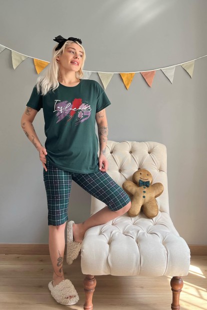 Yeşil Always Baskılı Kapri Bermuda Kadın Pijama Takımı - 5