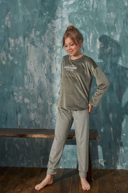 Yeşil Awesome Desenli Exclusive Kadife Kız Çocuk Pijama Takımı  - Pijamaevi (3)