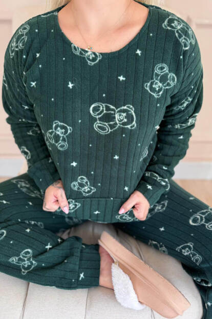 Yeşil Bear Desenli Kanguru Cepli Peluş Polar Pijama Takımı - 5