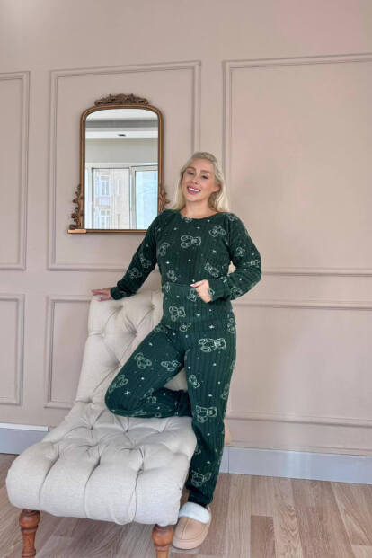 Yeşil Bear Desenli Kanguru Cepli Peluş Polar Pijama Takımı - 6