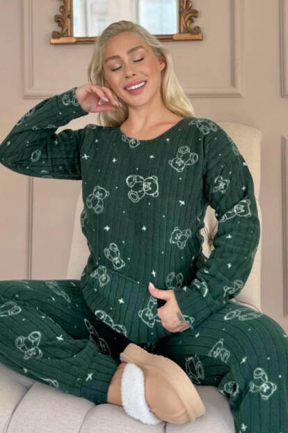 Yeşil Bear Desenli Kanguru Cepli Peluş Polar Pijama Takımı - 7