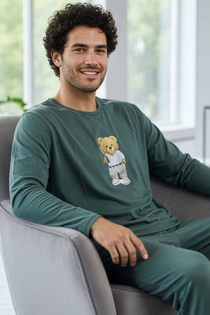 Yeşil Bear Desenli Stylish Erkek Uzun Kol Pijama Takımı - 1