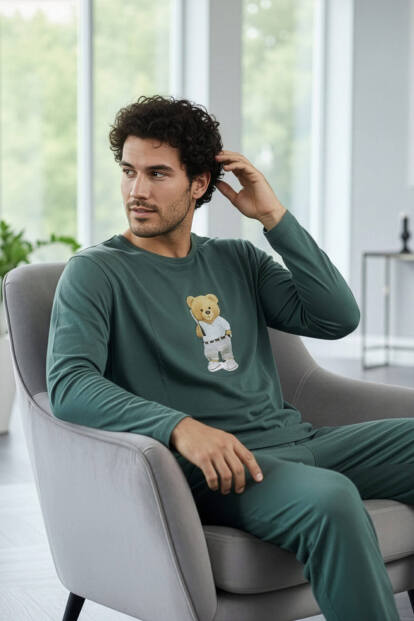 Yeşil Bear Desenli Stylish Erkek Uzun Kol Pijama Takımı - 2