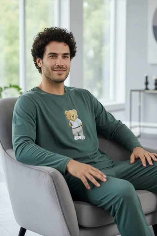 Yeşil Bear Desenli Stylish Erkek Uzun Kol Pijama Takımı - Pijamaevi (2)