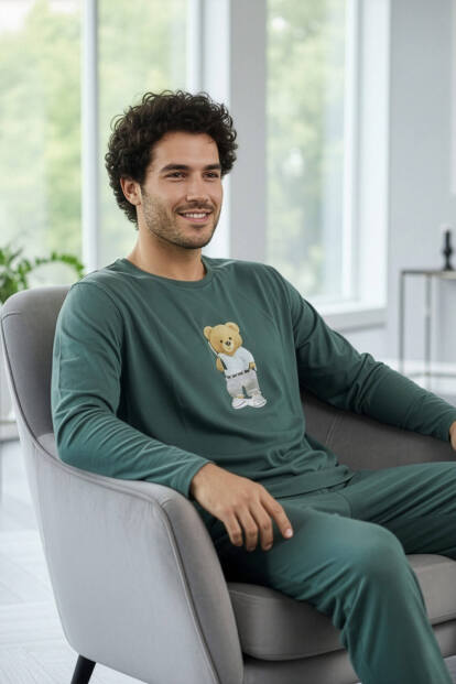 Yeşil Bear Desenli Stylish Erkek Uzun Kol Pijama Takımı - 4